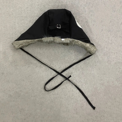 Y2K Star Patch Wool Like Lined Lei Feng Hat Unisex Black Autumn Winter Warm Ear Protection Trapper Hat for Outdoor Activities
