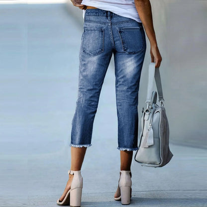 Ladies' Fashionable Slim Fitting Ripped Trendy Jeans Summer Streetwear Casual Distressed Stretchy Denim Pants