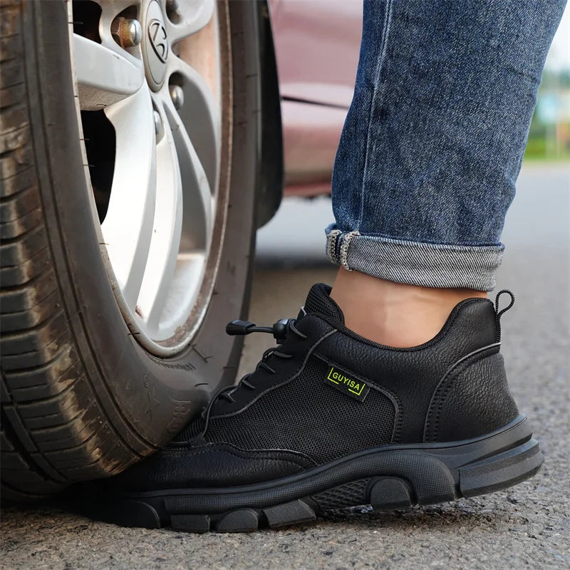 Black Leather Work Safety Shoes Waterproof Indestructible Steel Toe Cap Labor Shoes For Men Breathable Anti Smashing Sneakers