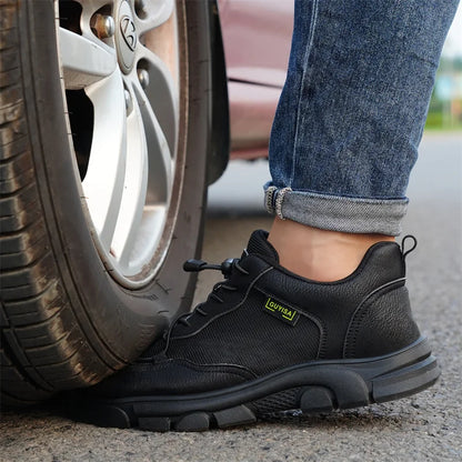 Black Leather Work Safety Shoes Waterproof Indestructible Steel Toe Cap Labor Shoes For Men Breathable Anti Smashing Sneakers