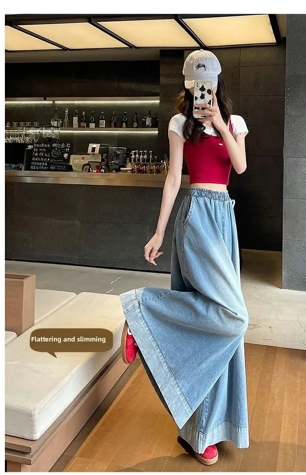 Casual High Waist Wide Leg Jeans Women's Loose Fit Summer Faion plus Size American Sle Cuffed Casual Denim Skirt Pants
