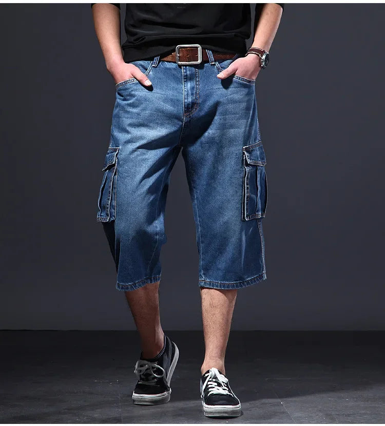 Amazon Summer Thin Loose-Fit Multi-Pocket Work Denim Shorts Casual Jeans Men's 5-Piece 7-Piece Ankle Length Blue Straight Leg