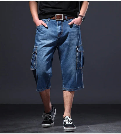 Amazon Summer Thin Loose-Fit Multi-Pocket Work Denim Shorts Casual Jeans Men's 5-Piece 7-Piece Ankle Length Blue Straight Leg