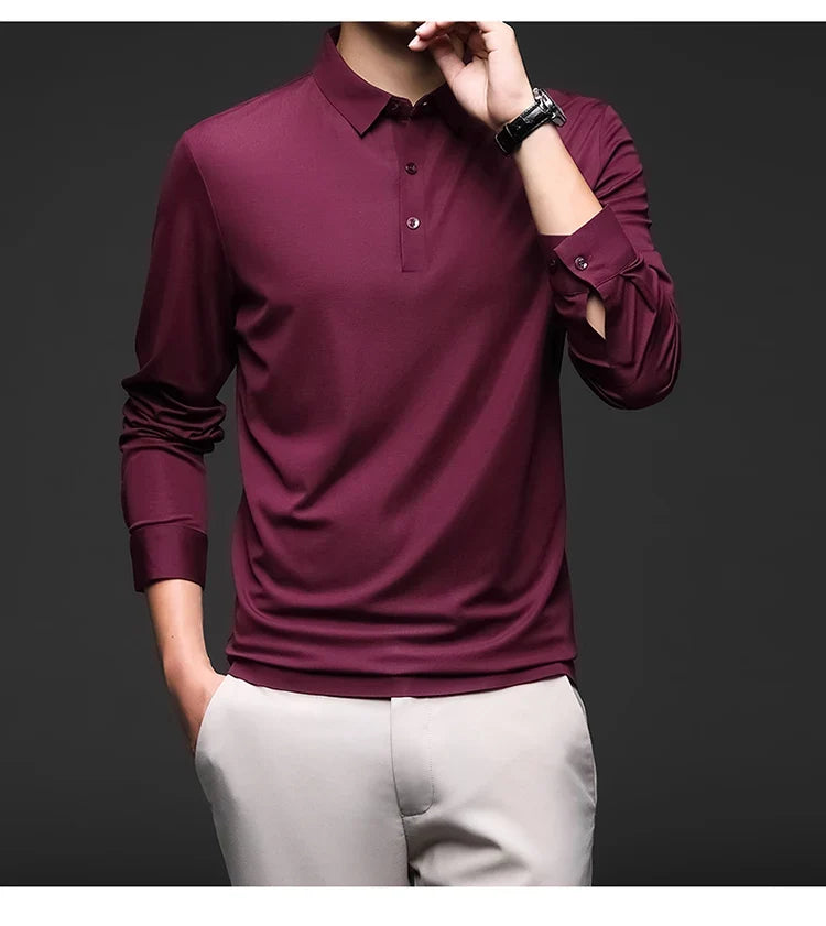 Mulberry Silk Men's Polo Shirts Luxury Long Sleeve Solid Color Golf Male T-shirts Spring Autumn Business Casual Man Tees