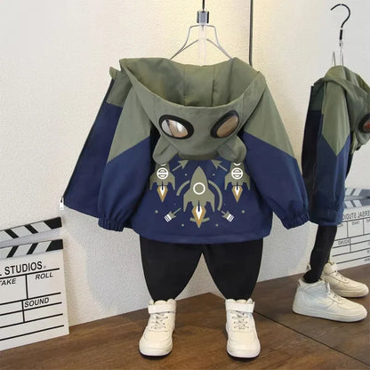 2025 Spring Autumn Kids Jacket Baby Boy Fashion Rocket Print Hooded Zipper Windbreaker Coat Children Clothing Outerwear 2-12 Yrs