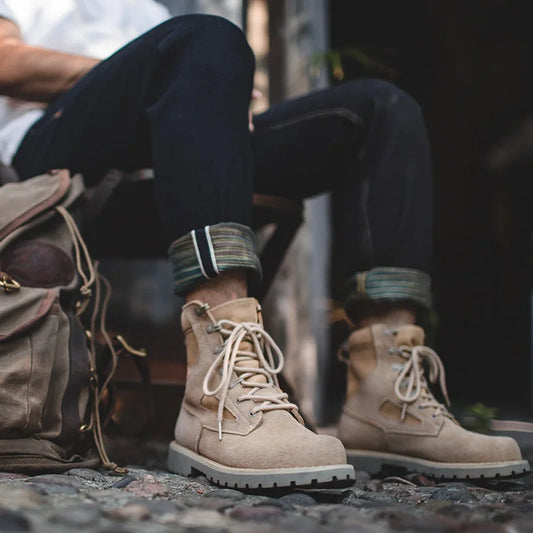 Vintage Khaki Suede Desert High Top Boots Men's Lace-Up Round Toe Work Ankle Boots for Autumn Winter Outdoor Hiking Shoes