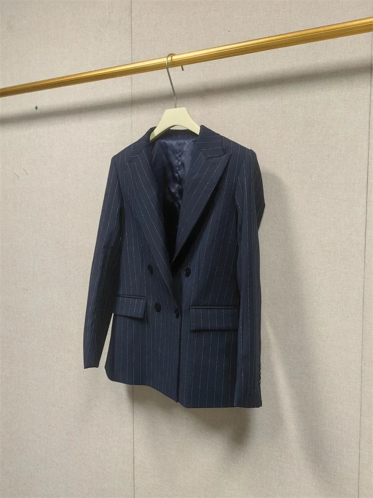 Women's Shiny Stripes Double Breasted Blazer Coat or Backless Vest Top or Zipper Long Pants Office Wear Long Sleeve Jacket Top