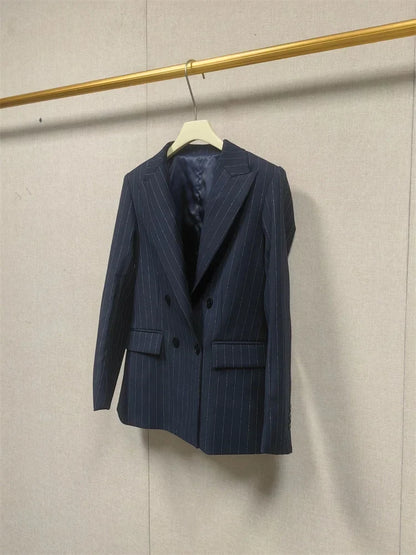Women's Shiny Stripes Double Breasted Blazer Coat or Backless Vest Top or Zipper Long Pants Office Wear Long Sleeve Jacket Top