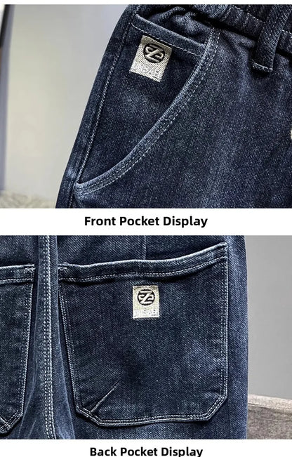 Warm Fleece Lined Elastic Waist Casual Straight Leg Men's Jeans Premium Quality Autumn Winter Thickened Stretch Denim Pants