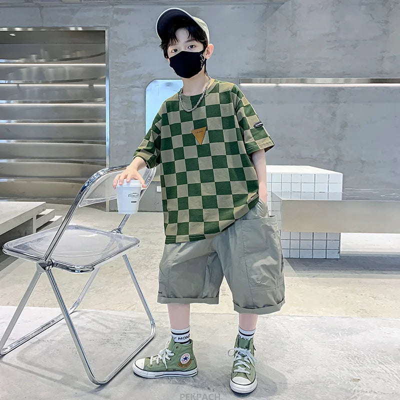 Boys 2 Piece Summer Set Child Clothes Outfits Pliad T-shirt Shorts Cotton Suit Teenager Kids Luxury Clothing Set Tracksuit 5-14Y