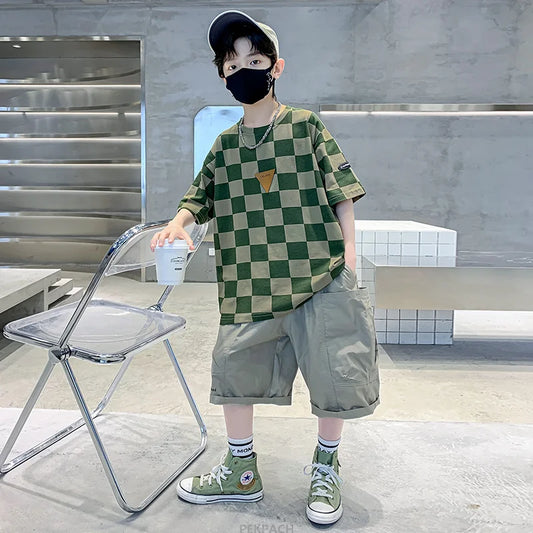 Boys 2 Piece Summer Set Child Clothes Outfits Pliad T-shirt Shorts Cotton Suit Teenager Kids Luxury Clothing Set Tracksuit 5-14Y