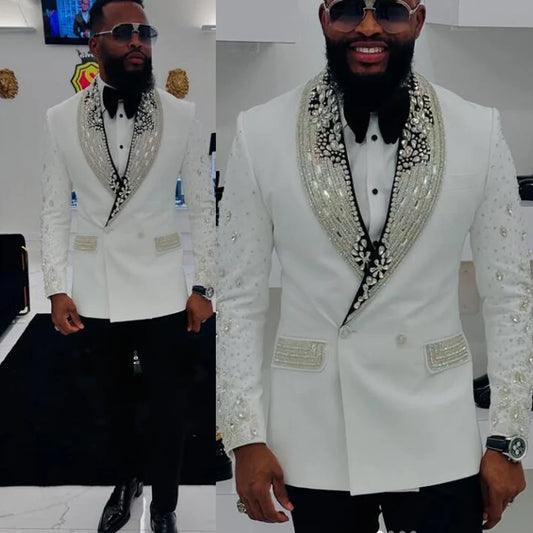 Luxury Beaded Crystals Suit Men For Wedding Customized 2 Pieces Groom Wedding Tuxedos Double Breasted Prom Blazers Costume Homme