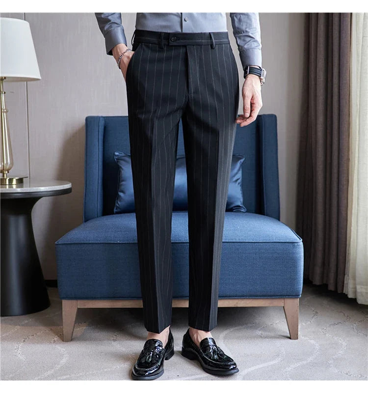 Autumn New Fashion Stripe Men's Suit Pants High Quality Straight Long Classic Business Elegant Slim Fit Casual Trousers 38-29