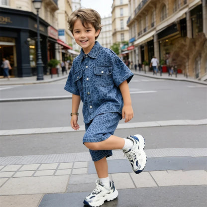 Trend Kids Boy Summer Leopard Denim Suit Two Piece Outfit Set y2k Denim Shirt And Shorts Clothing Set for Baby Child Streetwear