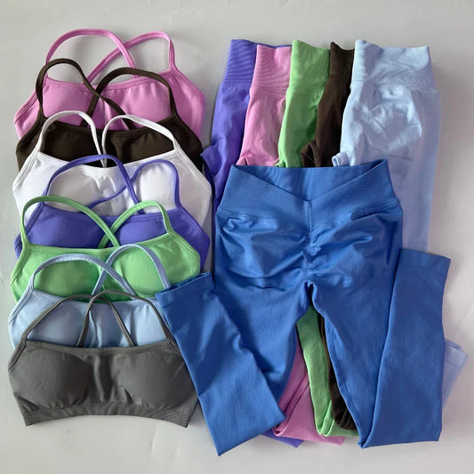 2 Pieces Gym Set For Women Clothes Seamless Scrunch Yoga Leggings Set Backless Sports Bra Fitness Workout Top Yoga Set Outfits