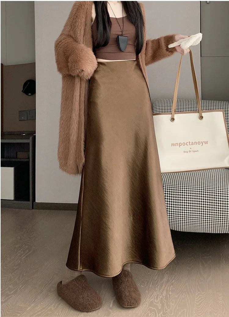 New Autumn Winter Solid Satin Silk Mermaid Skirt Women Fashion High Waist Office Ladies Work Warmth Party Long Maxi Skirt