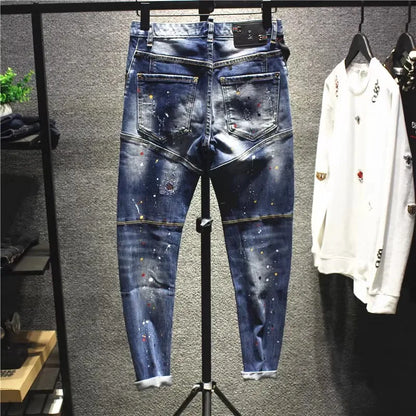 Street Fashion Men Jeans Retro Blue Stretch Slim Fit Spliced Ripped Jeans Men Painted Designer Hip Hop Vintage Denim Pants Homme