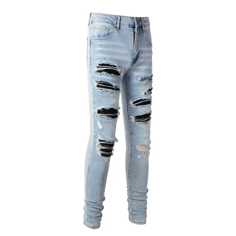 High Street Jeans Patch Hand-worn Holes Slim Skinny Jeans for Men