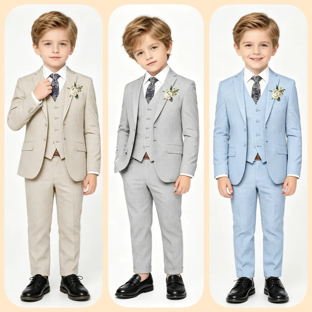 Elegant Boys Beige Linen Suit Set 4 Piece with Floral Tie Kids Formal Outfit for Wedding Birthday Graduation Party 3-13 Years