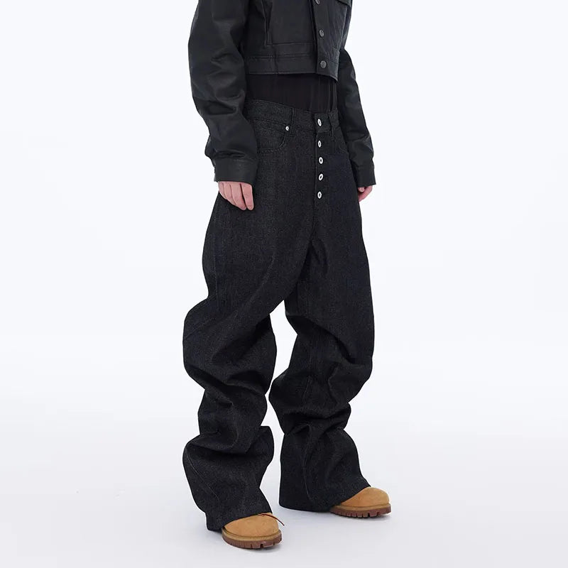 High Street Retro Buckle Design For Men'S Jeans Street Ruff And Handsome Loose Casual Wide Leg Pants Black Jeans