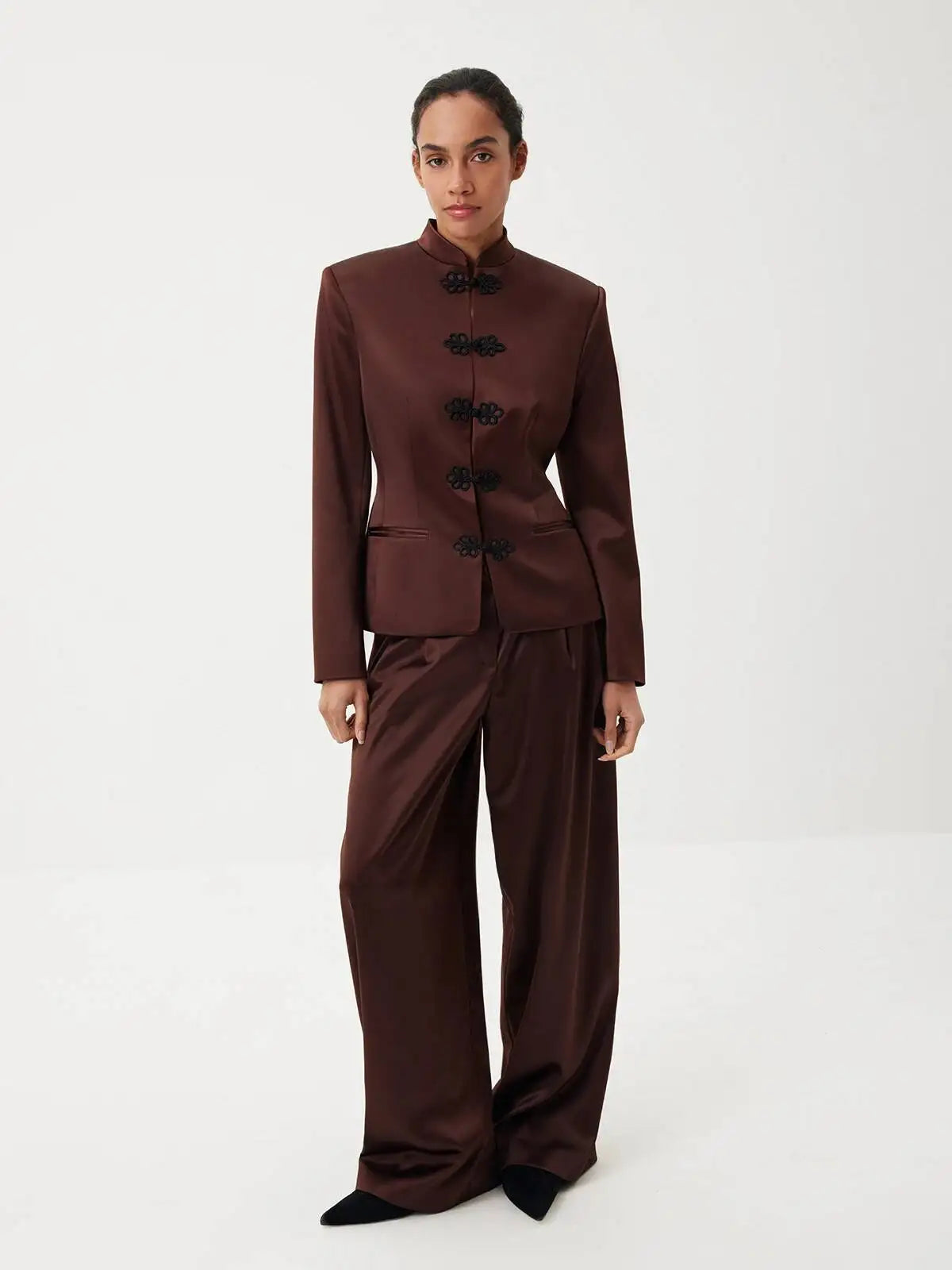 Women's Spring Summer Mandarin Collar Frog Button Cropped Chinese Style Blazer Casual 2026 Trendy Feminine Fashion Coat