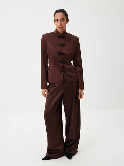 Women's Spring Summer Mandarin Collar Frog Button Cropped Chinese Style Blazer Casual 2026 Trendy Feminine Fashion Coat