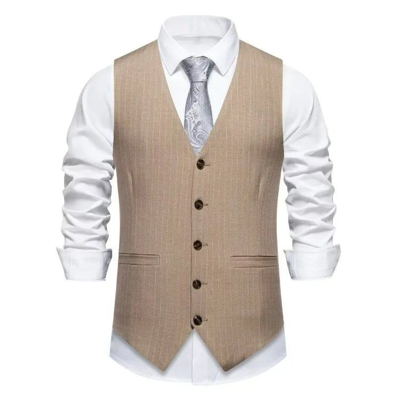 Men Suit Vest British Style Striped Business Casual Man Waistcoat Slim V-neck Single-breasted Versatile Male Vest