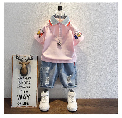 2-10 Years Kids Boys Clothes Set Summer Short Sleeve Cartoon Print Lapel T-shirt And Denim Shorts 2PCS Children Tracksuit Outfit
