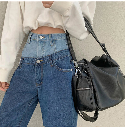 Stylish Fake Two Piece Jeans Women Patchwork Daddy Pants Female Baggy Jeans American Fashion Vintage Denim Pants Trousers Street