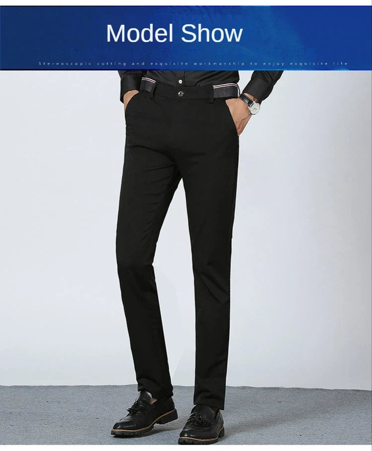 High Stretch Men's Dress Pants High Waist Elastic Formal Suit Pants Office Business Classic Casual Trousers Slim Fit Black Blue