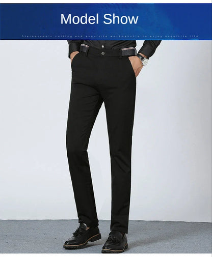 High Stretch Men's Dress Pants High Waist Elastic Formal Suit Pants Office Business Classic Casual Trousers Slim Fit Black Blue