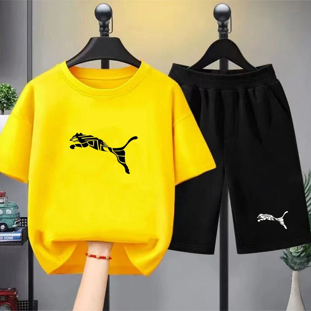 Kids White T-shirt+Shorts Two-Piece Set Print Boys Girls Toddler3-12Yrs Sports Casual Brand Clothes 2026 Summer