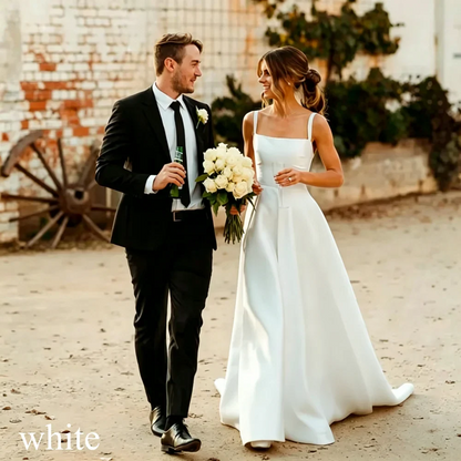 Classic Long White Wedding Dress A-Line Square Collar Spaghetti Straps Formal Pleat  Vintage Backless High Silt Grown Customized