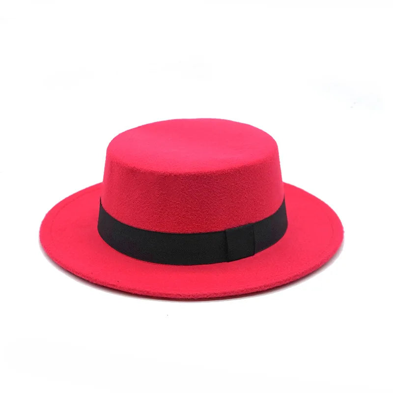 Black Ribbon Flat Top Hat British Retro Style Unisex Wool Fedora Winter Warm Hat