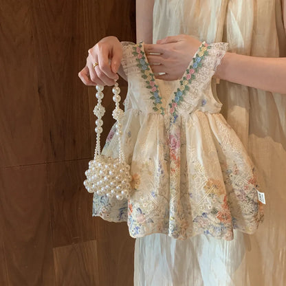 Fashion 2-7 Years Girl Print Lace Sleeveless Vest Princess Dresses Summer Beige Flower Kids Casual Clothes Korean Version