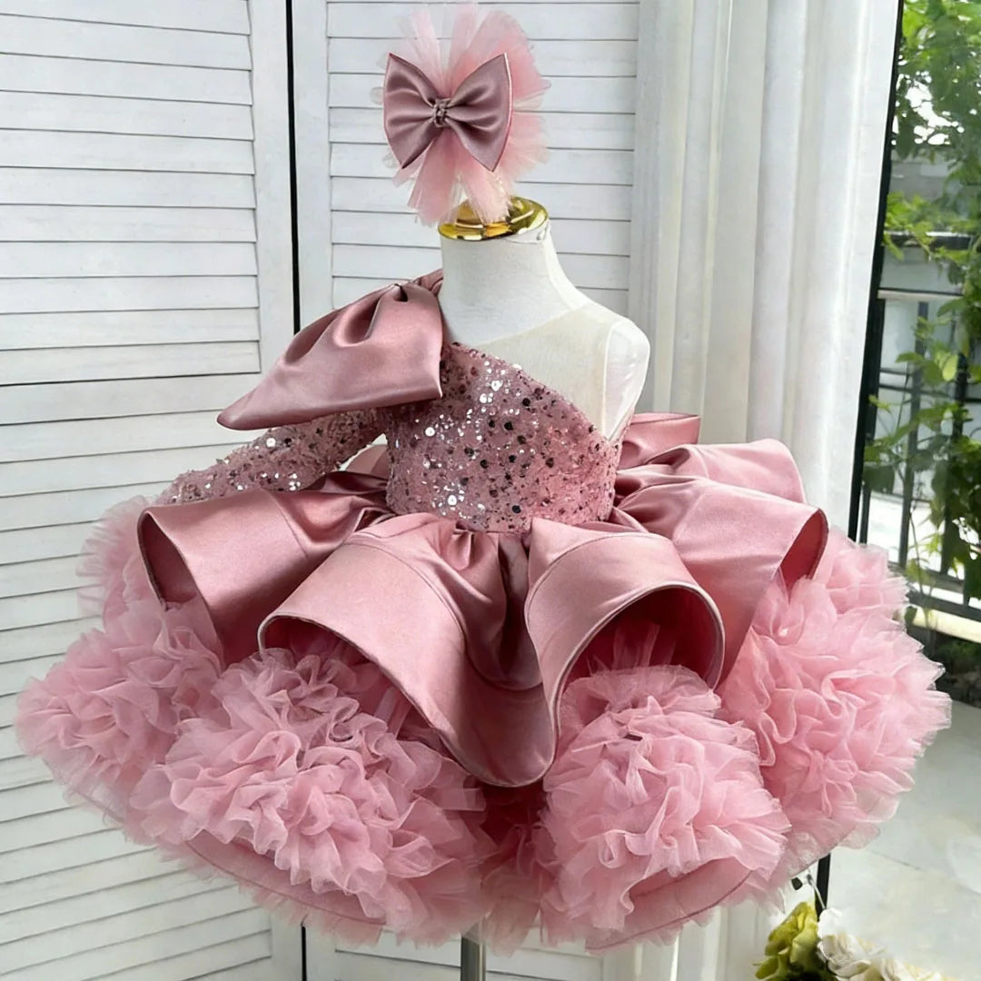 Customized Flower Girl Dresses Dusty Pink Sequin Satin Tulle With Bow For Wedding Birthday Party Prom Evening Banquet Ball Gown