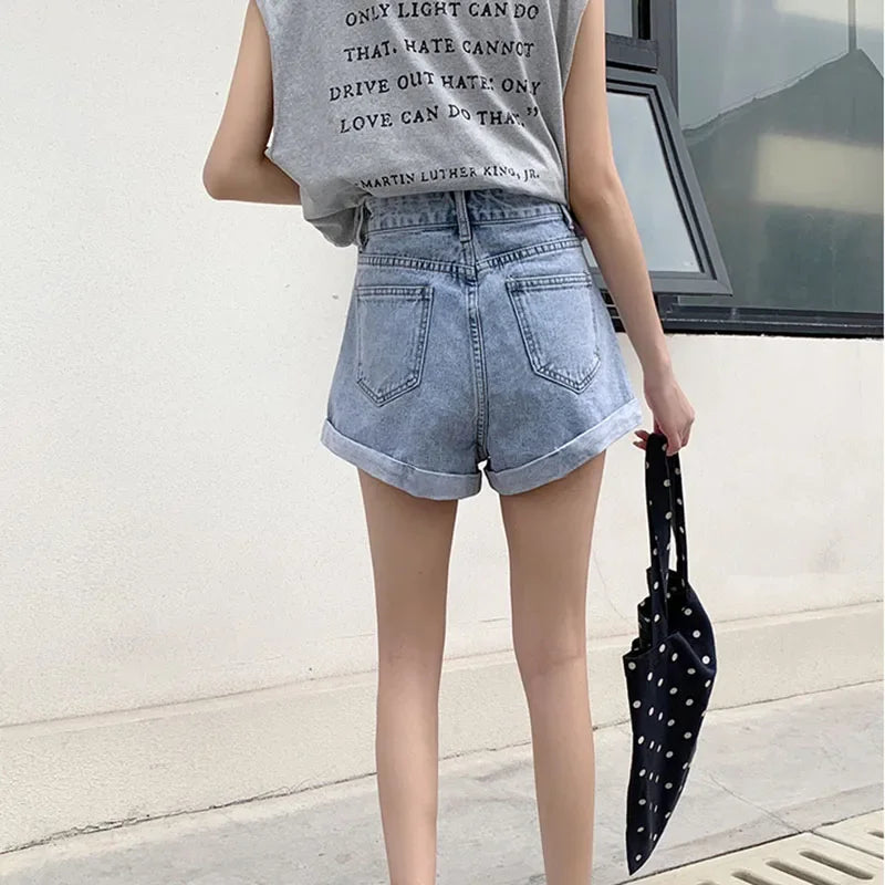 Summer 2024 Denim Shorts Women High Waisted Wide Leg Loose Crimping Blue Jeans Sequined Jean Shorts Female
