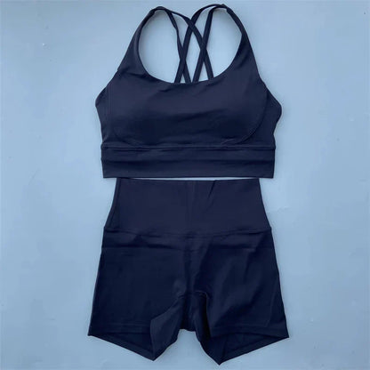 Solid Color gym bike Yoga Set short Legging +cross sport bra Tracksuit  Athletic Women Gym Suit Comprehensive Training Jogging