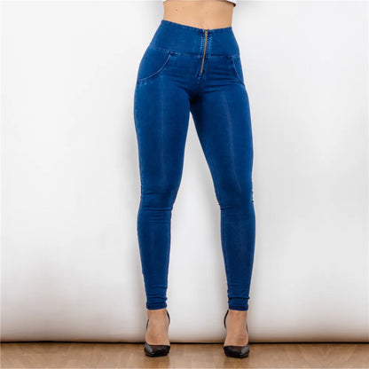 Melody High-Waist Zipper Fly Jeggings Butt Lift Stretch Blue Denim Jeans for Women