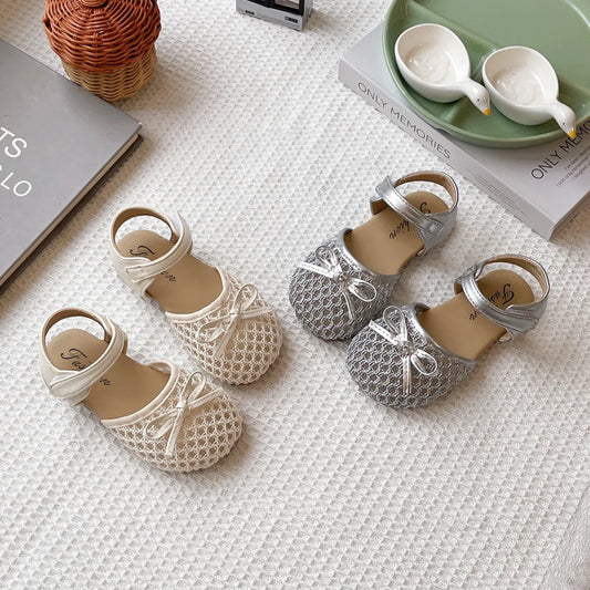 Girl's Sandals Breath-mesh Braided Adorable Summer Kids Sliders Bowtie Beige Sliver Round Toe All-match Childern Shoes 23-33
