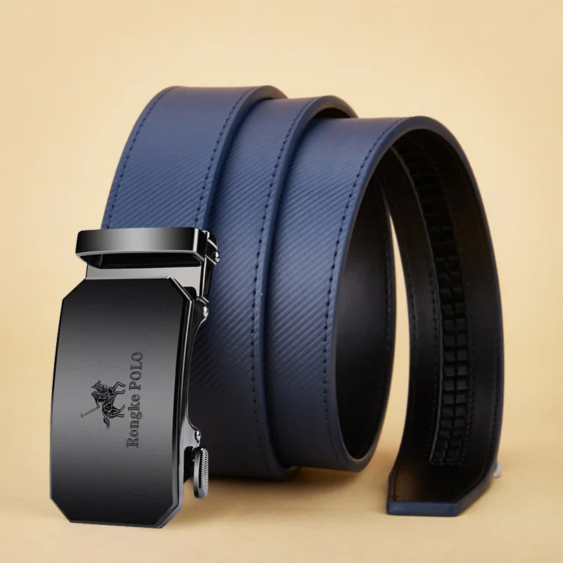 Men's Belt Blue Striped Belt Fashion Jeans Belt Genuine Leather Belt Automatic Buckle Belts