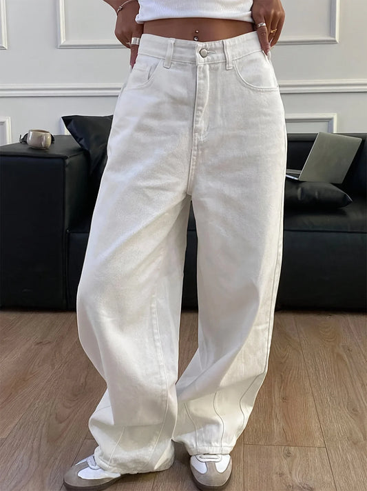 New Spring/Summer 2026 women's loose wide - leg solid - colored jeans, casual and versatile jeans with pleat details