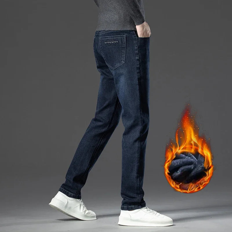 Men's Thicken Fleece Straight Jeans Winter Business Casual Stretch Denim Pants Warm Plush Brand Trousers Pans Male Classic