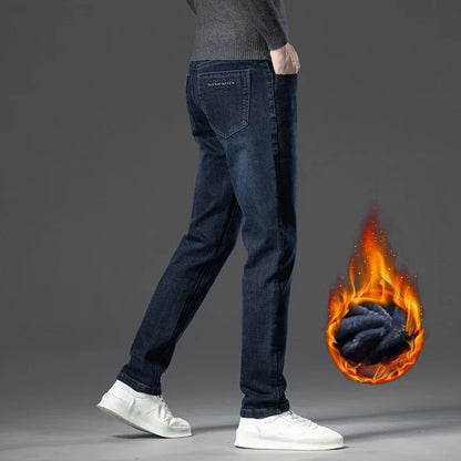 Men's Thicken Fleece Straight Jeans Winter Business Casual Stretch Denim Pants Warm Plush Brand Trousers Pans Male Classic