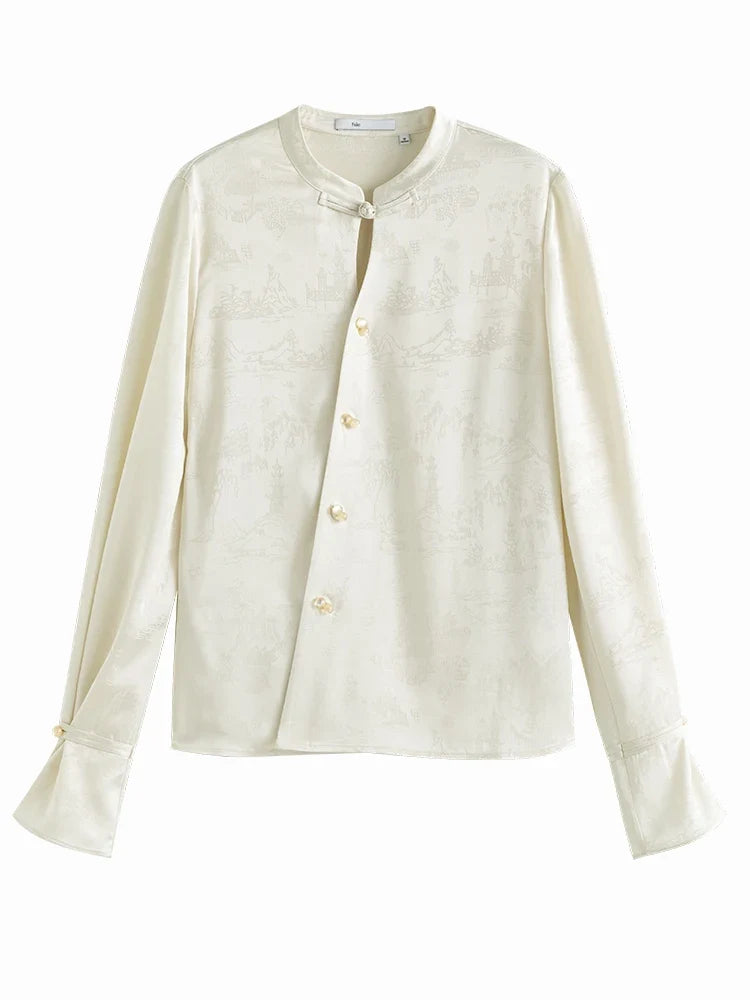 New Chinese Style Acetic Acid Button-down Shirt Women Autumn Standing collar Landscape Painting Printing Female Top
