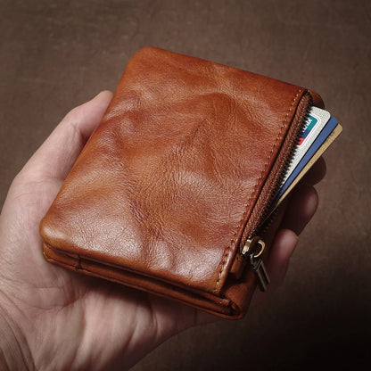 Vintage Genuine Leather Wallet For Men Women Zipper Coin Purse Driver License ID Card Holder Short Bifold Cowhide Purse