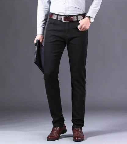 Men's Jeans Pure White Fashion Elastic Slim Youth Slimming Straight Leg Male Pants Business Casual Middle Age High End Trousers