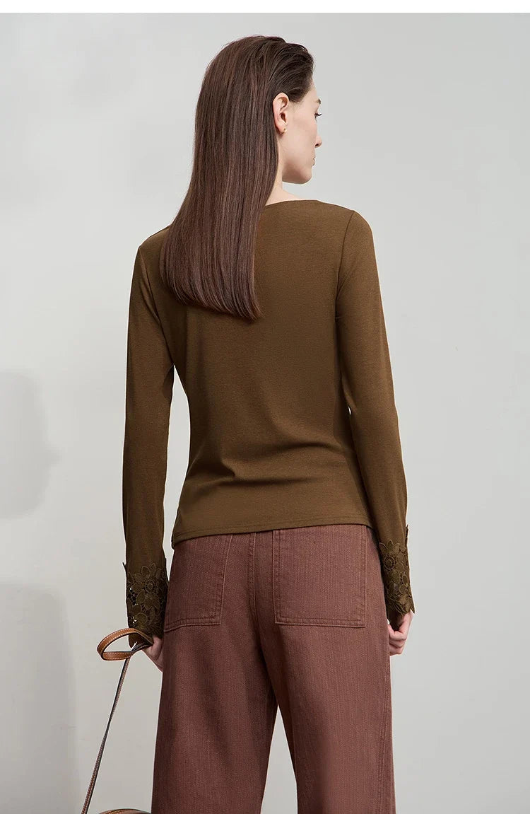Minimalist Women's Long Sleeve T-Shirt 2025 Autumn Simple Solid Asymmetric Drape Neck Lace Cuffs Tops Casual Tees 12543076
