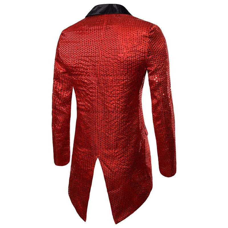 2026 Men's Gold V-Neck Long Sleeve Tuxedo, TV Performance Magic Long Jacket Shiny Sequin Decoration Red Blue Black Blazer S-XXL