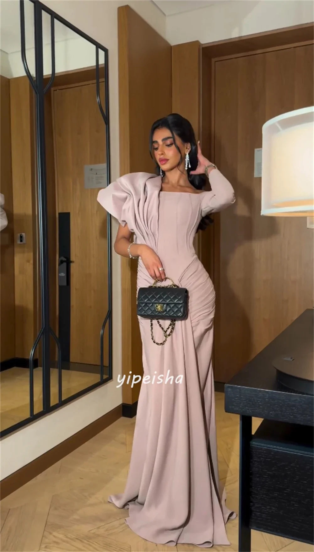 Customized Chinese Style Jersey Ruched A-line One-shoulder Long Dresses Prom Dresses Formal Casual Simple Retro Fashion Elegant